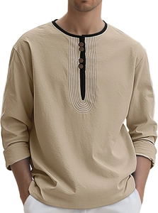 Detail of khaki linen Henley shirt showing textured fabric and four-button placket
