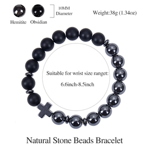 Natural 10mm hematite and obsidian stone bead cross bracelet with size and weight info