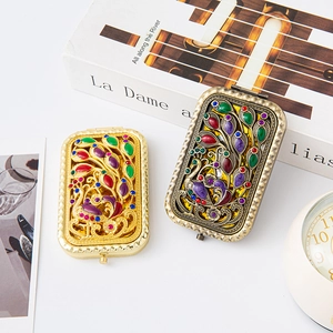 Vintage metal peacock folding pocket makeup mirrors with colorful enamel and gemstones