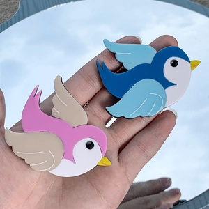 Cute acrylic blue and pink bird brooch pin for women, handmade lovely animal lapel jewelry.
