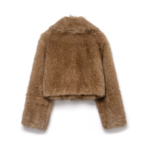 Back view of a trendy brown faux fur jacket for women in a stylish short cut design