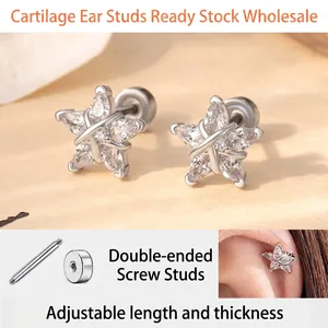 Five Pointed Star Stud Earrings With Zircon Inlaid Copper And Titanium Steel Screw Back Helix Piercing Jewelry For Women