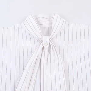Women's white and brown striped poplin shirt with elegant bow tie neckline detail