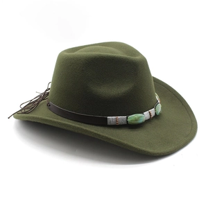 Detail of army green wool felt fedora with gemstone leather band and cord tassels