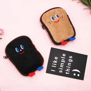 Porte-monnaies en peluche toast mignons en marron et noir avec broderie de visages