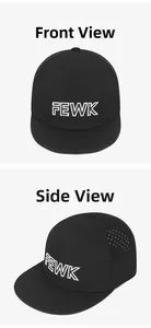 Detail view of black hip hop cap featuring FEWK embroidery and laser-cut ventilation holes
