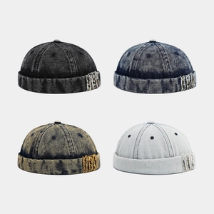 Retro Washed Denim Docker Hat Distressed Patch Adjustable Brimless Cap Streetwear Unisex Miki Hat
