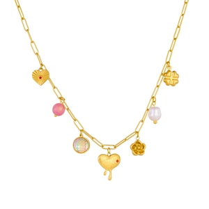 Gold stainless steel necklace with irregular heart, diamond flower and pearl pendants