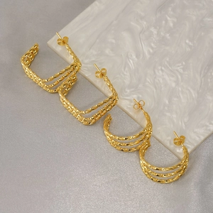 Twisted Rope Stud Earrings 18K Gold Plated Stainless Steel Multi Layer Geometric Square C Shape Minimalist For Women