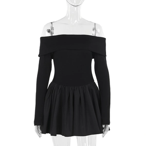 Detail of off-shoulder black mini dress featuring long sleeves and pleated flare skirt