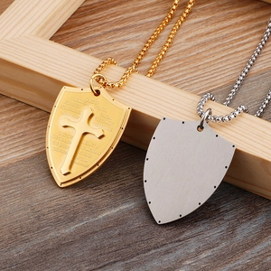 Stainless steel shield pendant necklace with embossed cross and engraved bible scripture
