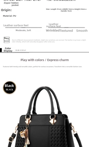 Detailed size chart for black PU leather handbag with woven texture and dimensions