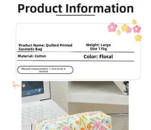 Detailed view of quilted cotton floral toiletry bag with product specs and desktop scene