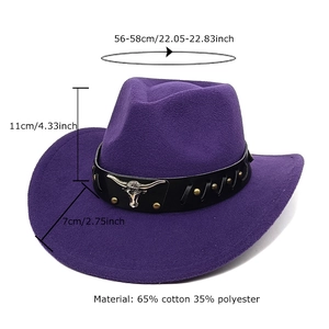 Purple western cowboy wool felt hat with bull head buckle and ethnic style band