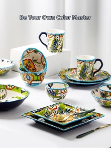 Close-up of Bocca Color Master hand-painted ceramic dinnerware with bohemian patterns