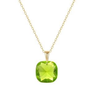 Macro detail of cushion cut green crystal pendant with gold S925 sterling silver chain