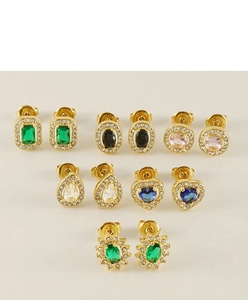 Macro detail of double-layered zircon earring set with halo setting in various shapes