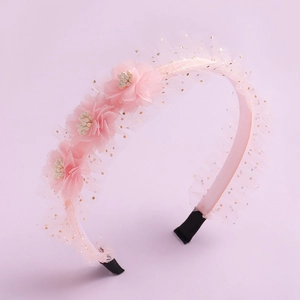 Pink floral headband with gold polka dot mesh and three fabric flowers for girls