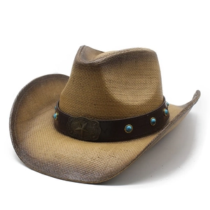 Vintage Western Cowboy Strohhut Kunstlederband Türkis Legierung Stern Schnalle Sommer Strand Sonnenschutz Reise Sonnenschirm