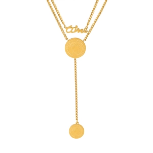Collier élégant double rang plaqué or 18K avec lettrage Time et pièces Elizabeth II
