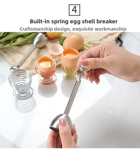 Detail of 304 stainless steel egg cracker tool set with colorful metal egg holders