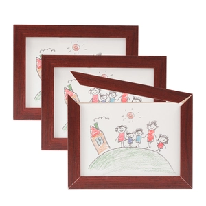 Macro shot of dark brown wood grain picture frame showing top-opening storage for kids art