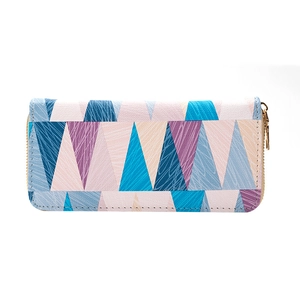 Minimalist long zip clutch purse with colorful geometric triangle patterns and gold zipper