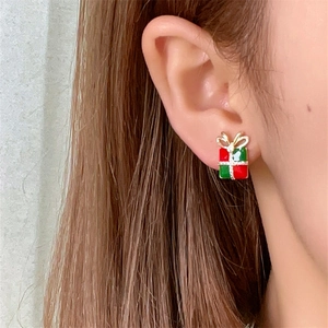 Festive Christmas Enamel Copper Stud Earrings Red Gold Bell Green Gift Box Bow Rhinestone Earrings For Women Holiday Party Jewelry
