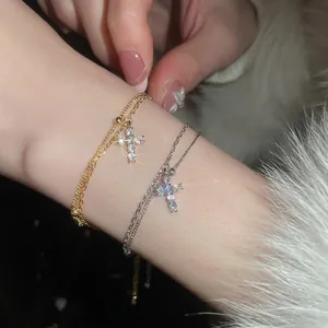 Elegant Cross Double Layer Bracelet And Meteor Star Ring Copper Zircon Inlaid Jewelry For Women Light Luxury Style