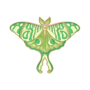 Exquisite light green luna moth enamel pin with golden metal details on white background