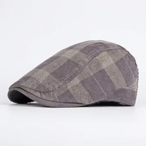 Vintage corduroy plaid flat cap for men and women in grey and lilac checkered pattern