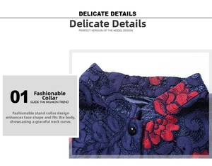 Detailed view of the mandarin collar on a blue lace dress with delicate floral patterns