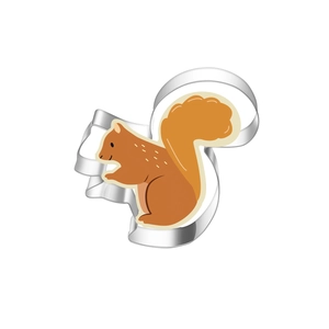 Detail of squirrel-shaped stainless steel cookie cutter with a baked squirrel biscuit inside