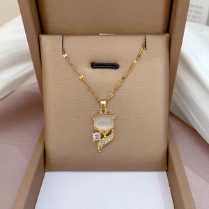 Titanium steel fox pendant necklace with white cat eye stone and cubic zirconia inlay