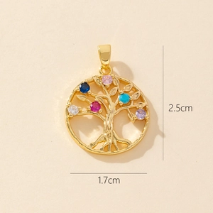Macro detail of Tree of Life pendant with colorful zircons and 2.5cm size markings