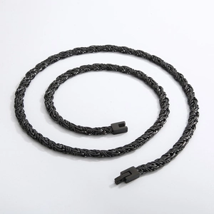 Black woven titanium steel necklace for men with secure snap buckle and hip-hop style