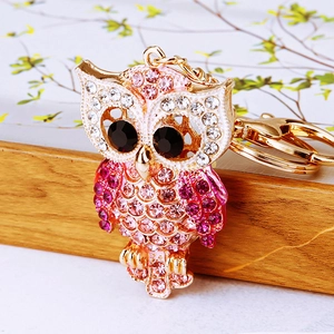 Sparkling owl keychain with pink and clear rhinestones for car keys and bags