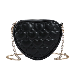 Black heart-shaped girls shoulder bag with quilted embroidery and gold chain strap