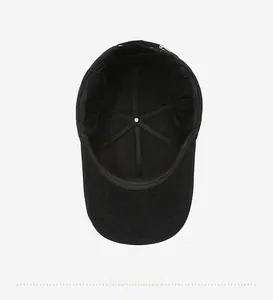 Detail view of black winter baseball cap inner lining and foldable ear protection flaps