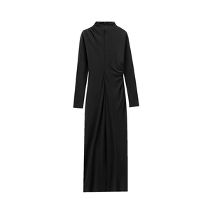 Detail of elegant black long sleeve midi dress with sophisticated side ruched draping