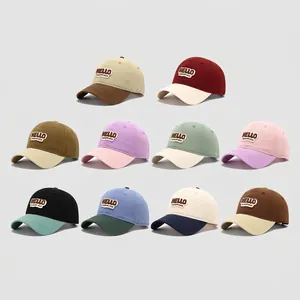 Kids cotton baseball caps with Hello embroidery in ten various color combinations