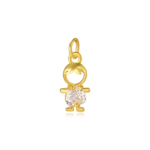 Detailed close-up of a gold boy pendant featuring a sparkling heart-shaped zircon stone