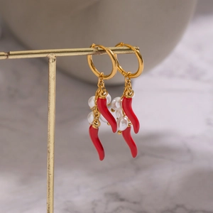 Gold hoop earrings with red enamel chili pepper pendants and natural white freshwater pearls
