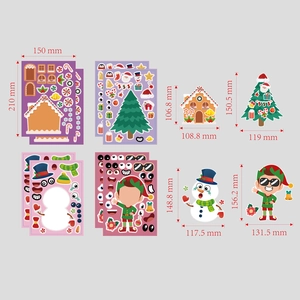 Detailed size chart for Christmas themed DIY puzzle stickers including gingerbread man and tree