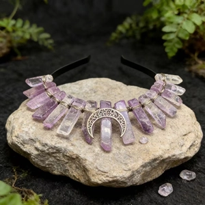 Handmade lavender amethyst and quartz moon crown headband with silver crescent moon pendant