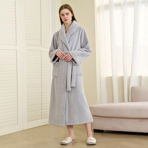 Thick grey coral fleece long bathrobe with shawl collar and warm plush trim details