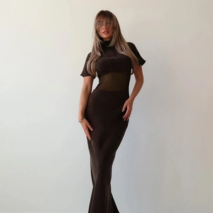 Detail of short sleeve high neck dress featuring sheer mesh patchwork in dark brown
