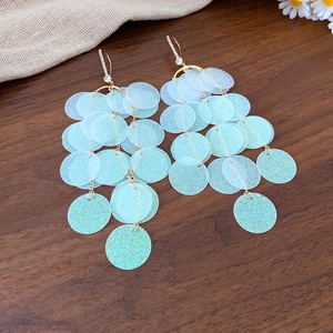 Sparkling geometric zircon round sequin tassel earrings for beach vacations and luxury style