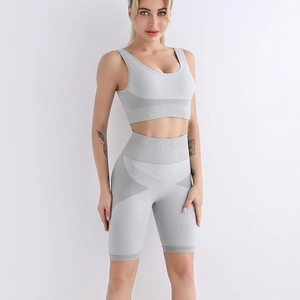 Ensemble de Yoga Taille Haute Côtelé Sans Couture Pour Femmes Top And Bottom Évacuation de l'Humidité Soutien-Gorge de Sport Et Short de Cycliste Tenue de Fitness