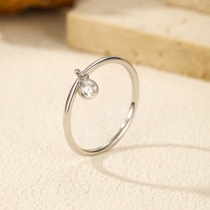Minimalist S925 sterling silver ring with a dangling D-color moissanite solitaire pendant